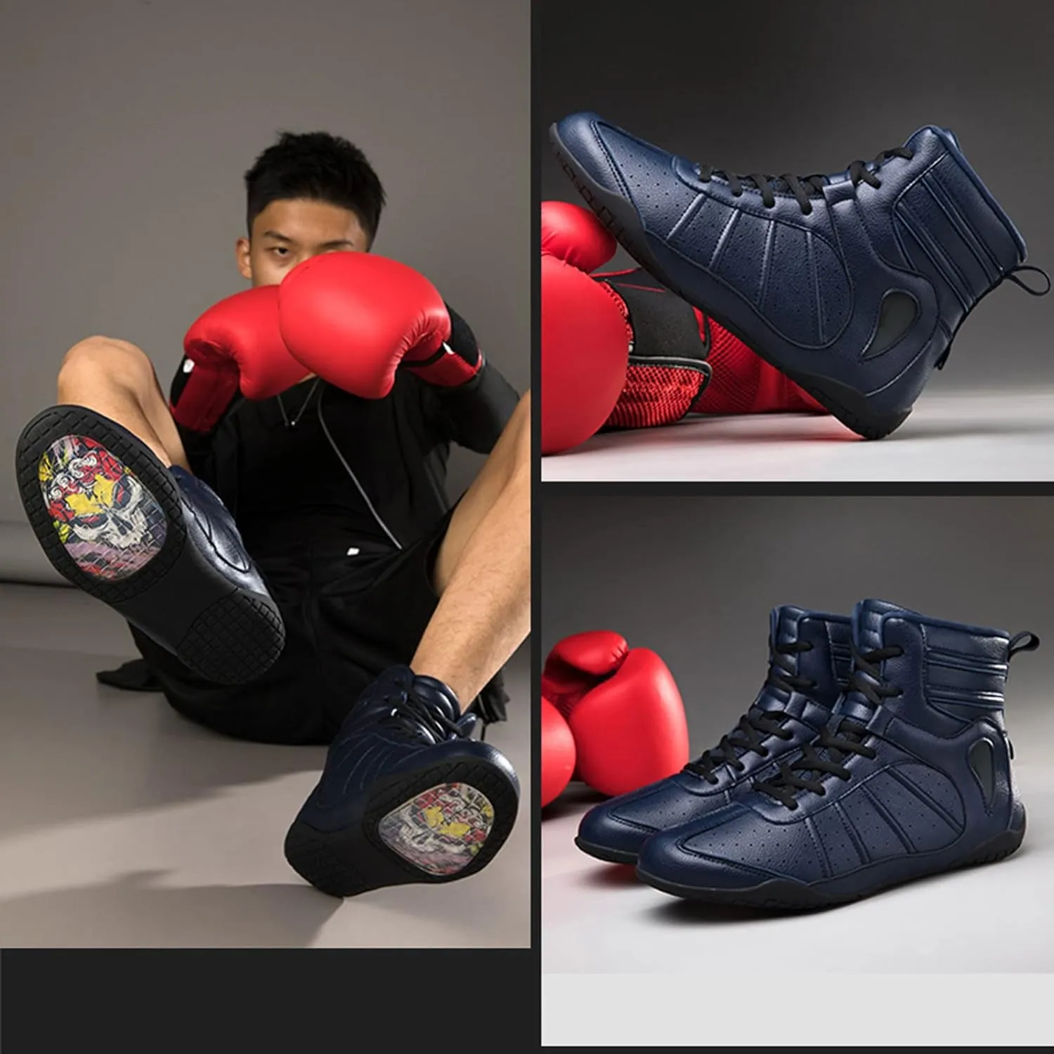 EMDPBD Boxing Shoes Men's Youth Boxing Boots, Lightweight High Top Kick Boxing Shoes Fighting Sports Master Training Mesh Shoes,Blue-6.5