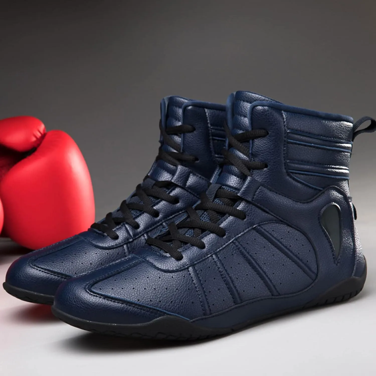EMDPBD Boxing Shoes Men's Youth Boxing Boots, Lightweight High Top Kick Boxing Shoes Fighting Sports Master Training Mesh Shoes,Blue-6.5