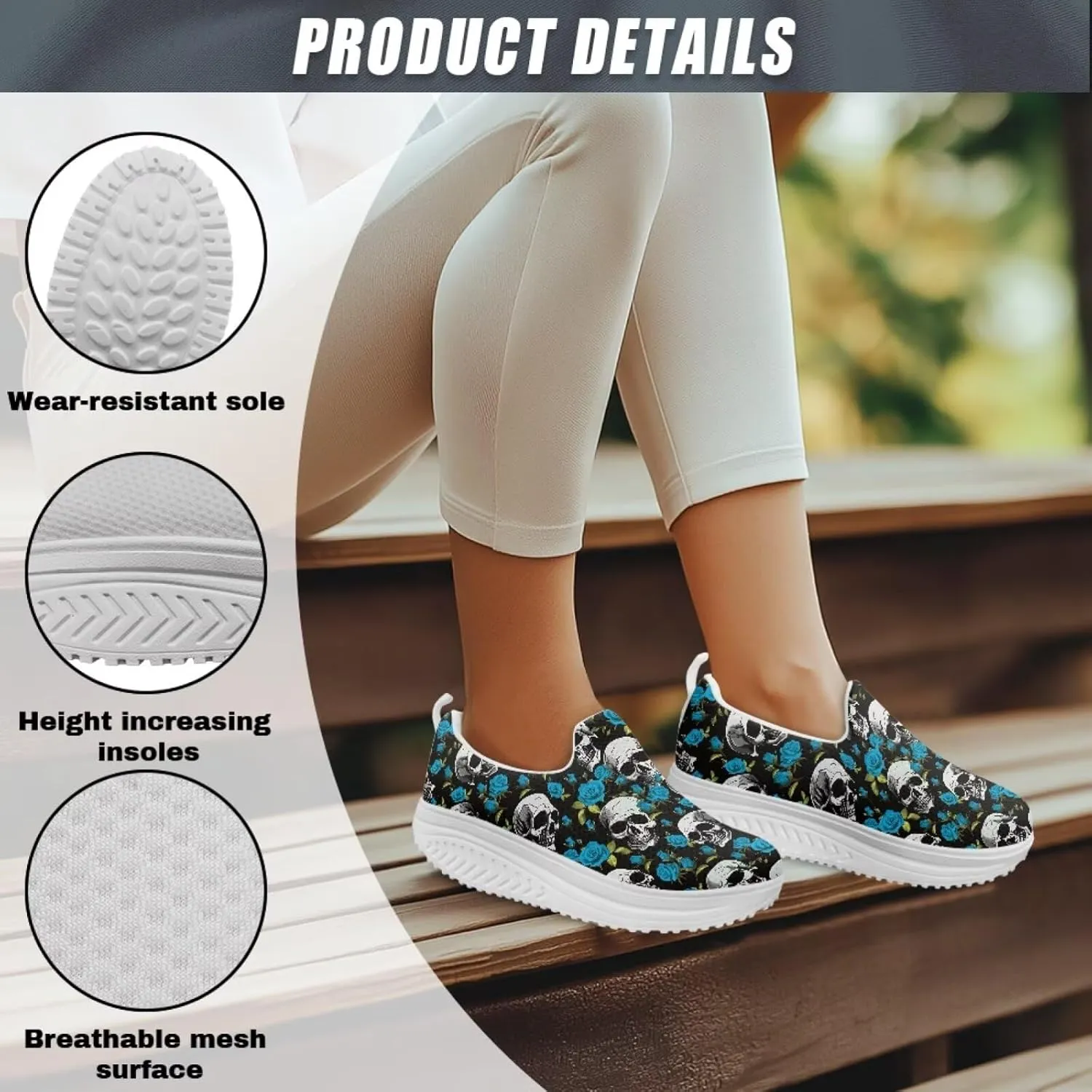 Jeiento Womens Platform Sneakers Lightweight Comfort Athletic Shoes Skull Pattern Walking Jogging Tennis Footwear