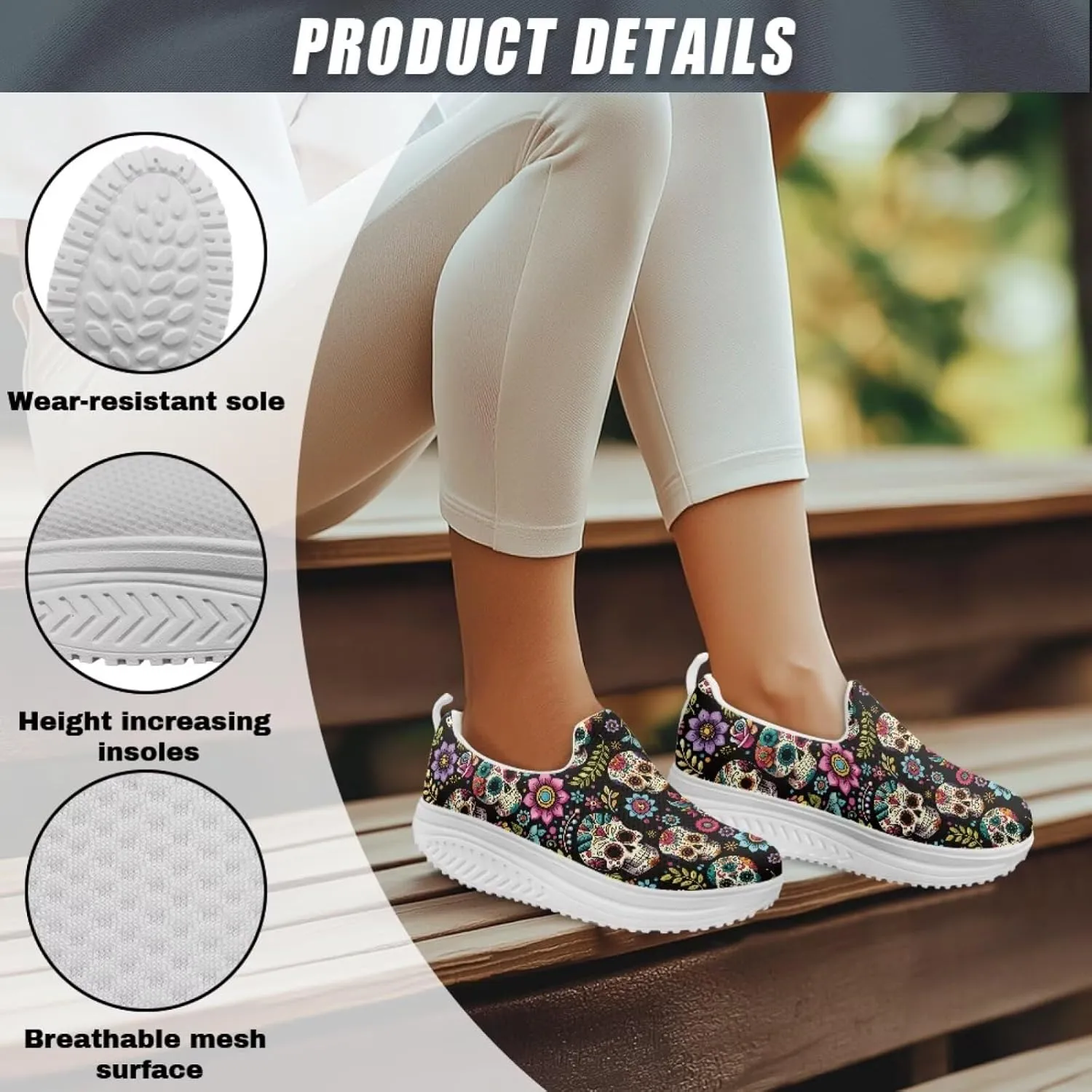 Jeiento Womens Platform Sneakers Lightweight Comfort Athletic Shoes Skull Pattern Walking Jogging Tennis Footwear