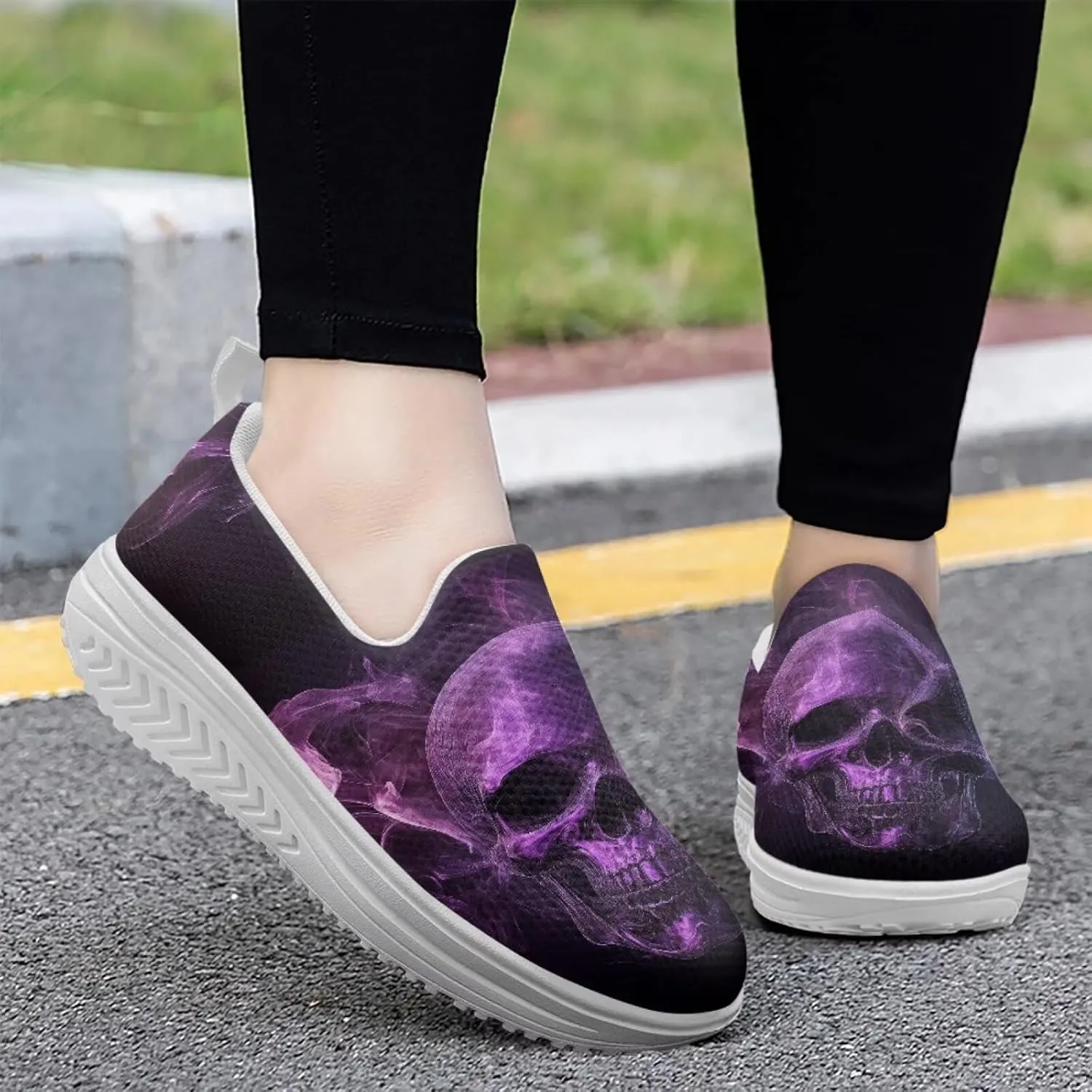 Jeiento Womens Platform Sneakers Lightweight Comfort Athletic Shoes Skull Pattern Walking Jogging Tennis Footwear