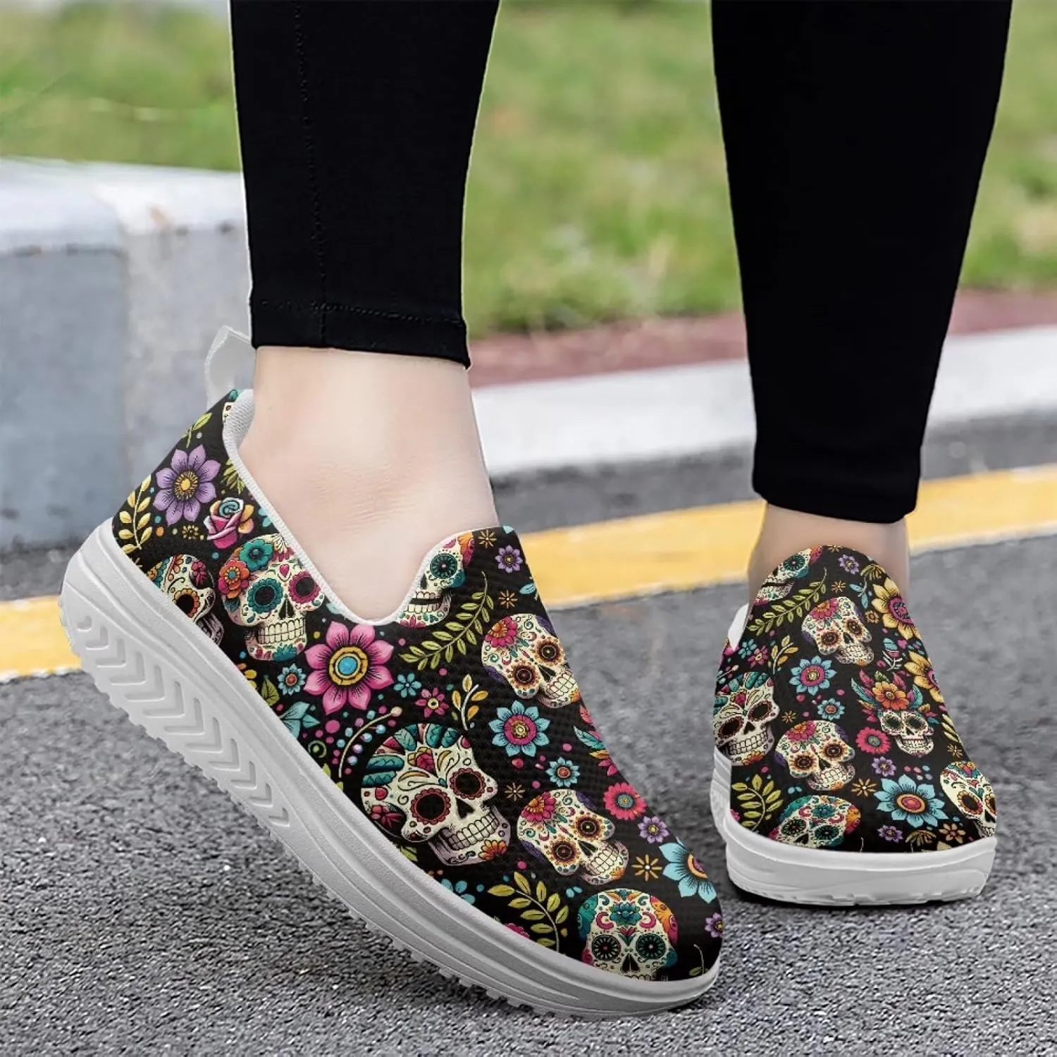 Jeiento Womens Platform Sneakers Lightweight Comfort Athletic Shoes Skull Pattern Walking Jogging Tennis Footwear