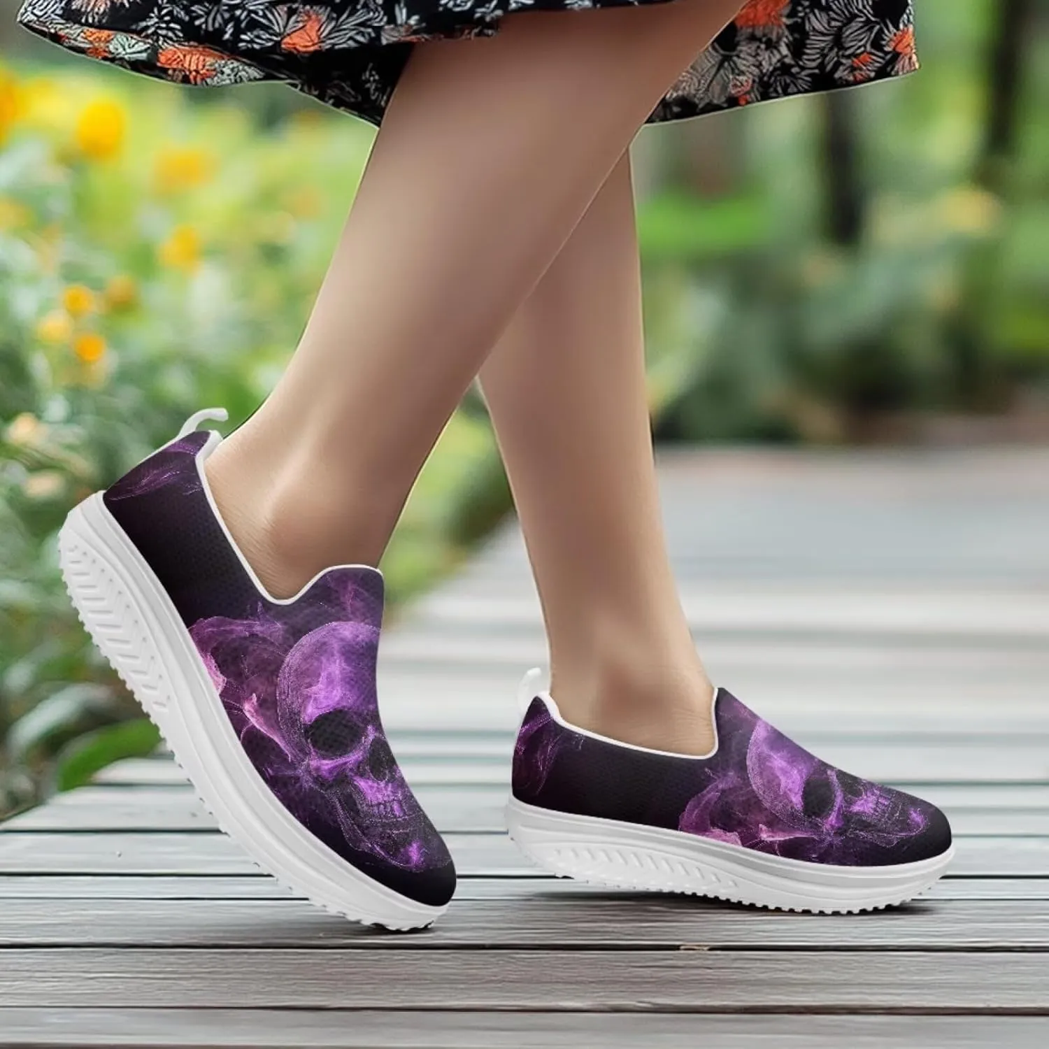 Jeiento Womens Platform Sneakers Lightweight Comfort Athletic Shoes Skull Pattern Walking Jogging Tennis Footwear