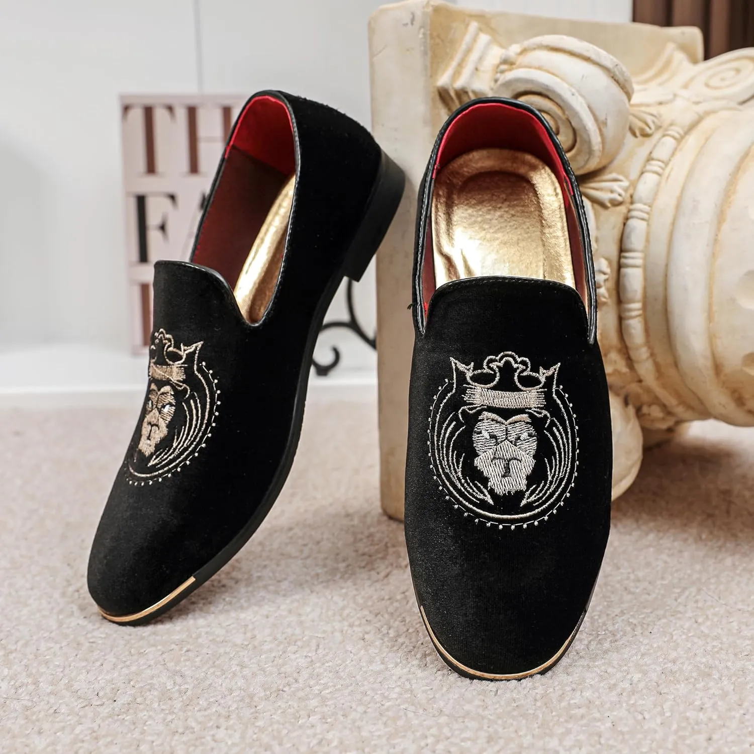 LCQL Men's Slip-On Embroidery Penny Loafers Flat Boat Shoes for Driving Walking Wedding Outdoor Indoor Size 7-14