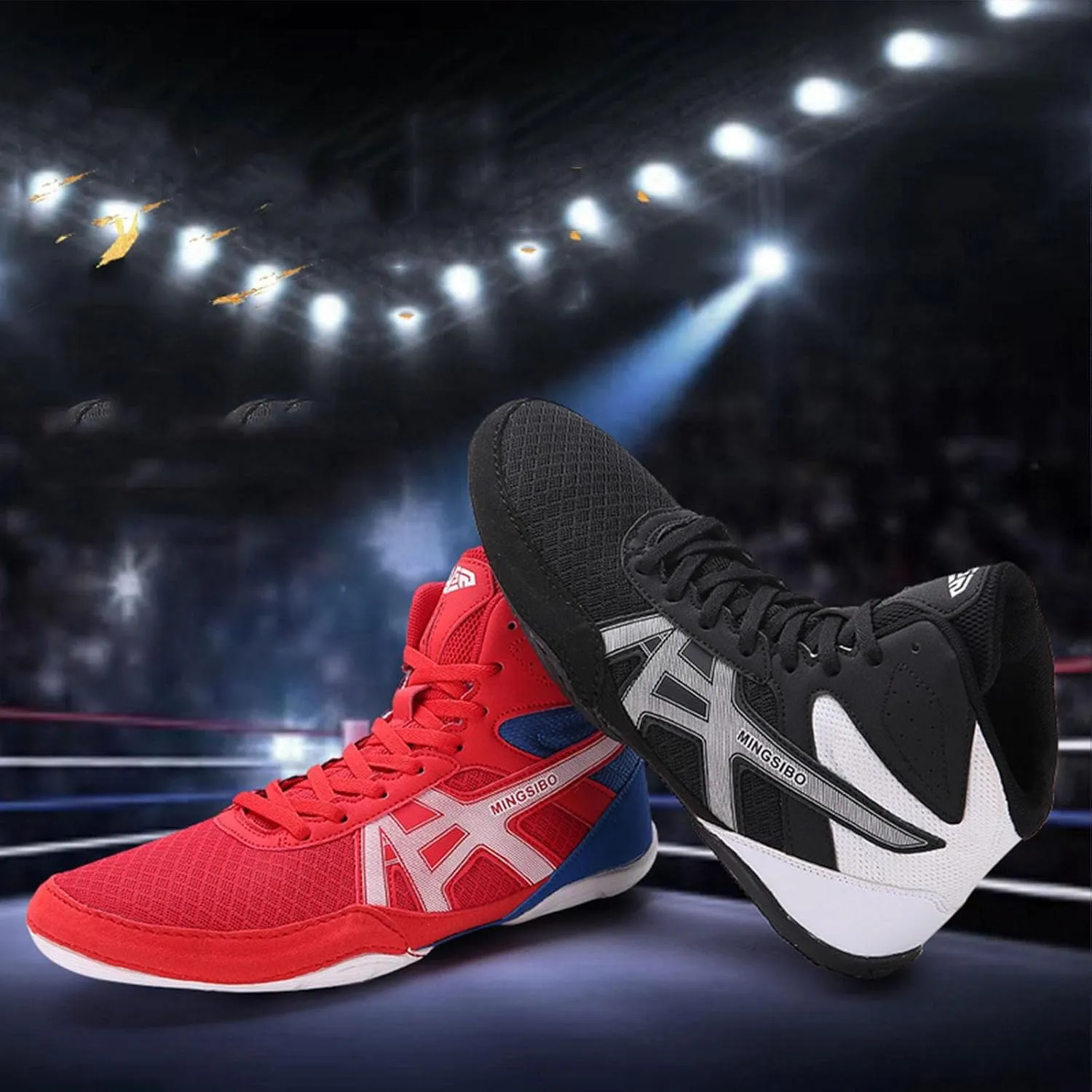 TECDOTO Men's Boxing Shoes Professional Boxer Trainer Shoes, Rubber Sole Breathable Wrestling Shoes Lightweight Bodybuilding Weightlifting MMA Shoes,Red-9